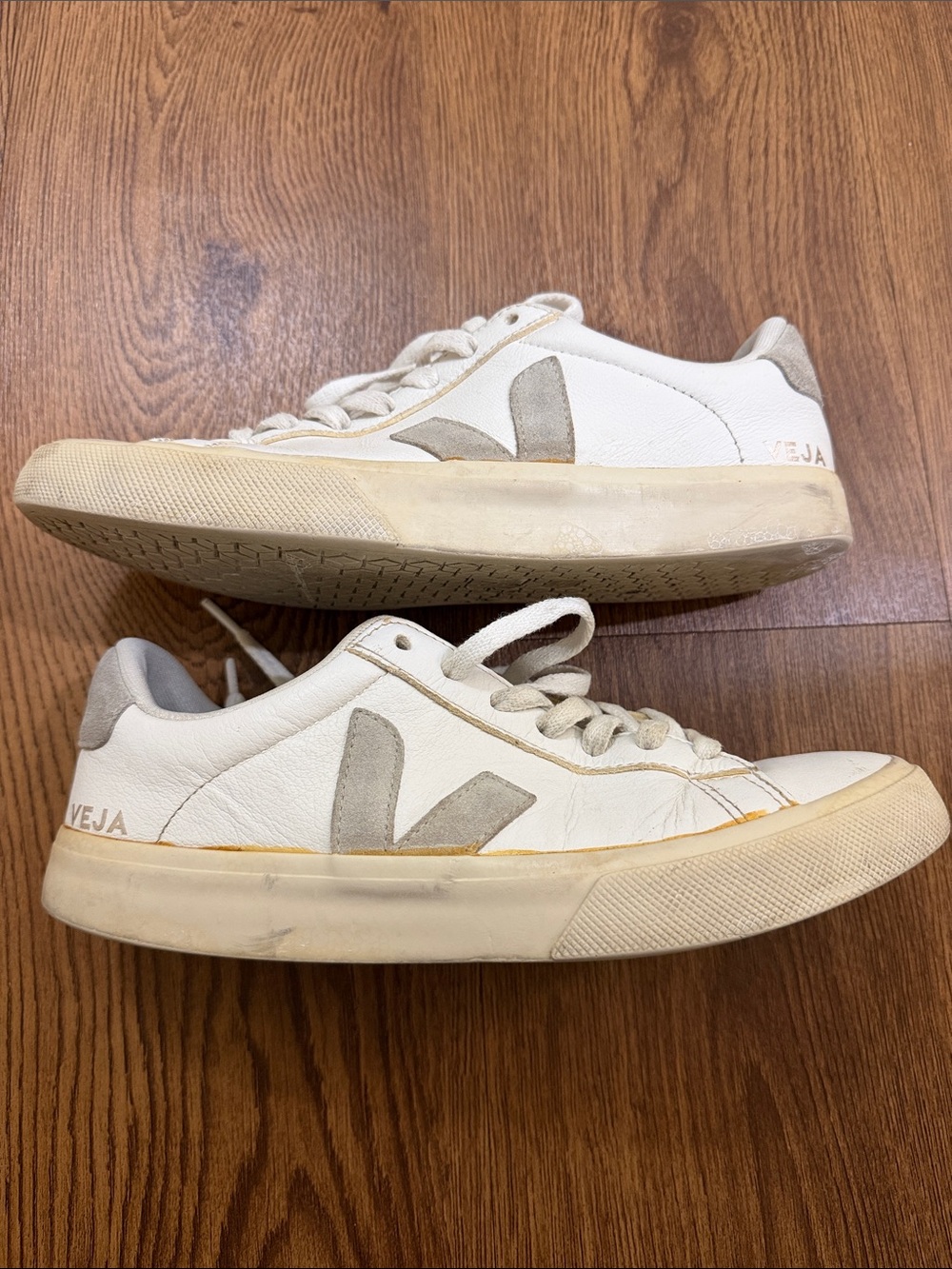 Veja White and Beige Low-Top Leather Sneakers